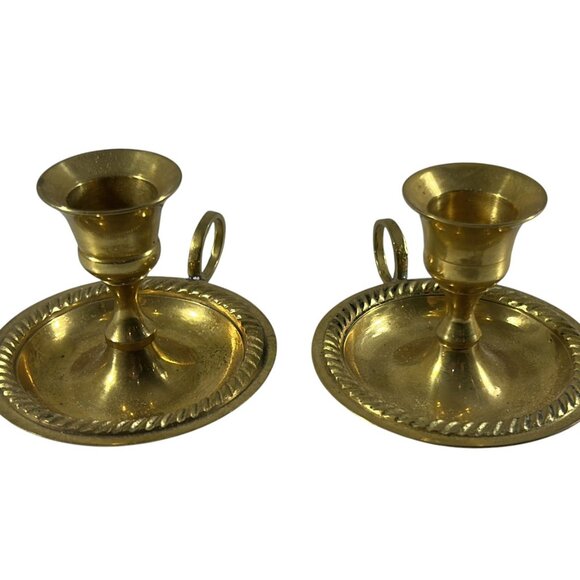 Vtg 2 Solid Brass Candle Holder Chamberstick Candlestick Finger Ring Loop - Picture 2 of 6